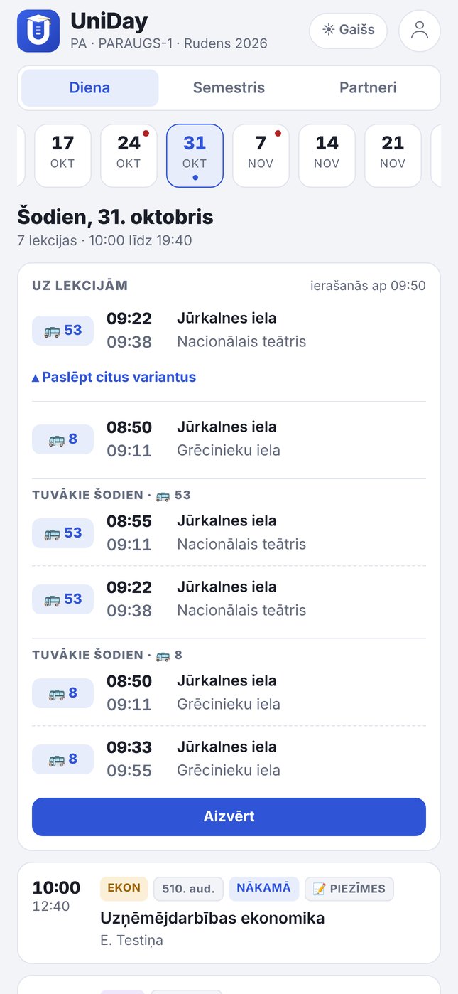 Transporta kartīte ar diviem ceļa variantiem un tuvākajiem reisiem
